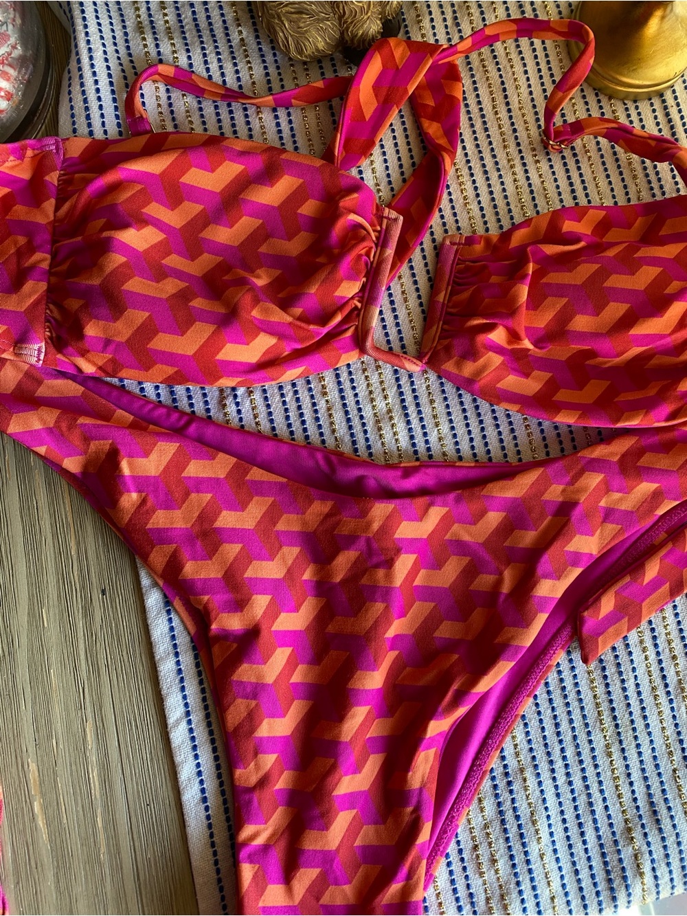 Monday Swimwear Clovelly V-Wire Balconette Bikini and Sarong 3 Pieces Pink Geo M